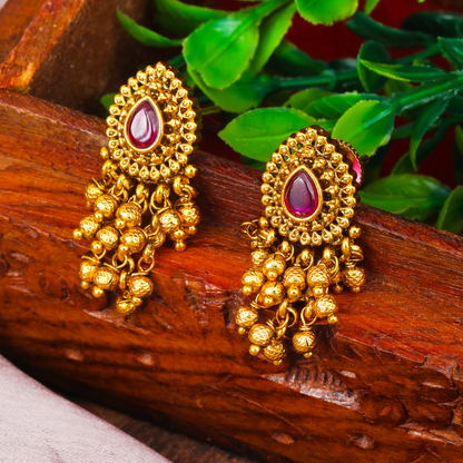 Elegant Minimal Temple Bali Earrings – Gold-Plated Ruby Pearl Design R-2153