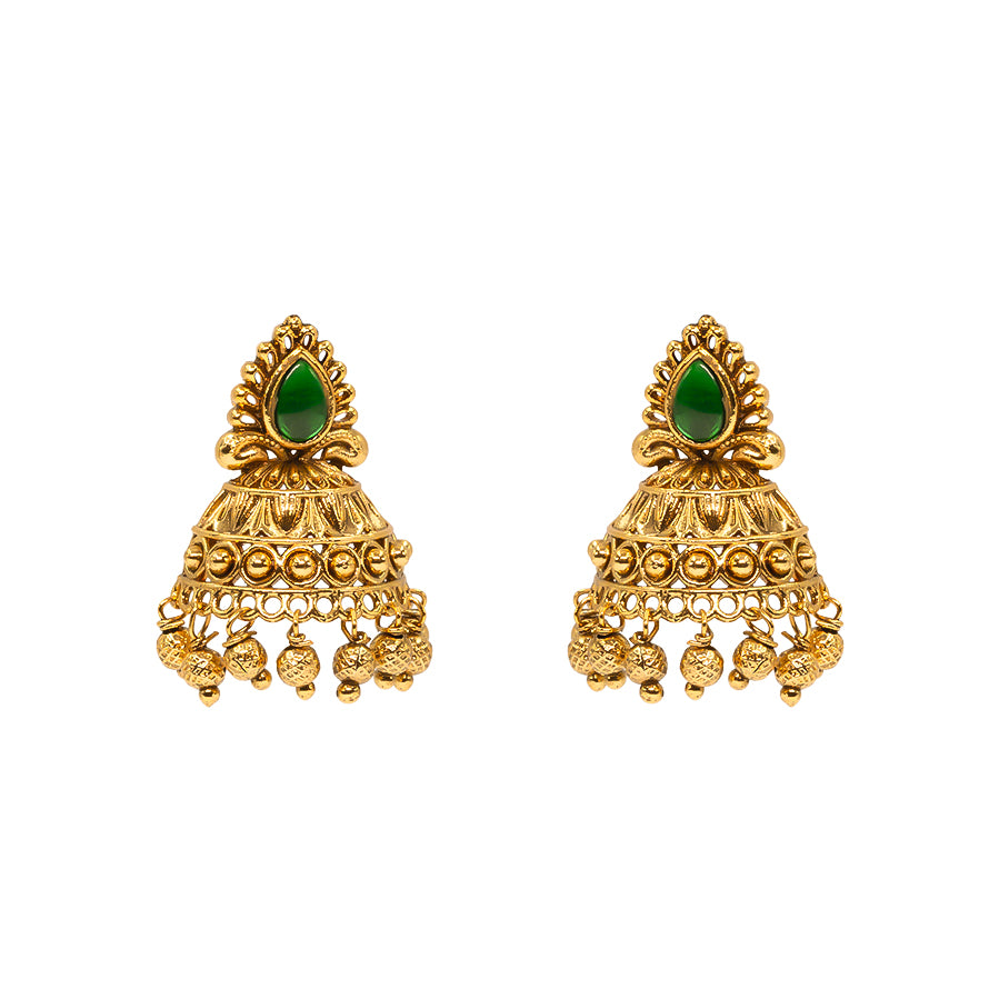 Antique Gold Plated Jhumka with Red Stone Detailing V-1663