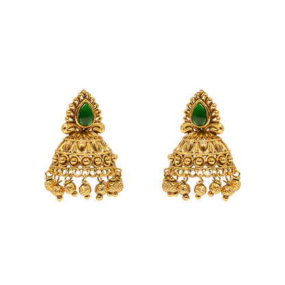 Antique Gold Plated Jhumka with Red Stone Detailing V-1663