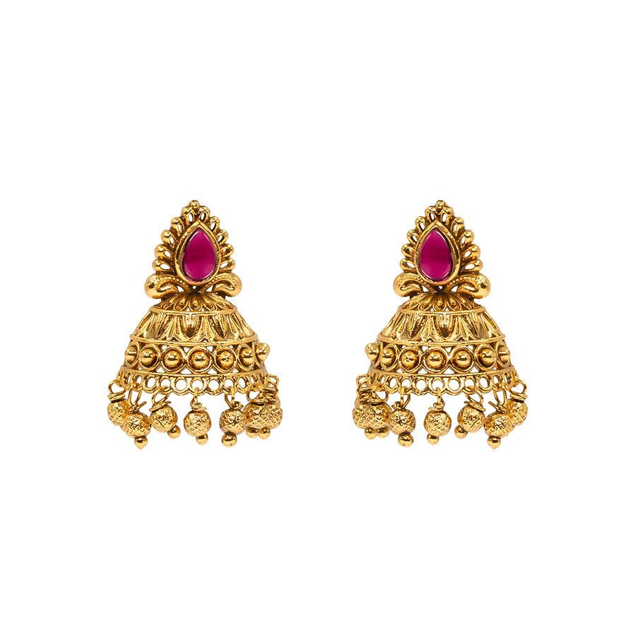 Antique Gold Plated Jhumka with Red Stone Detailing V-1663