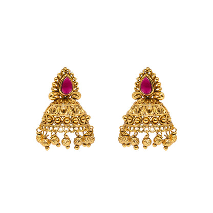 Antique Gold Plated Jhumka with Red Stone Detailing V-1663