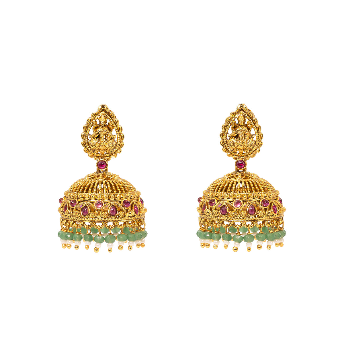 Antique Temple Jhumkas with Green Beads  R-2229