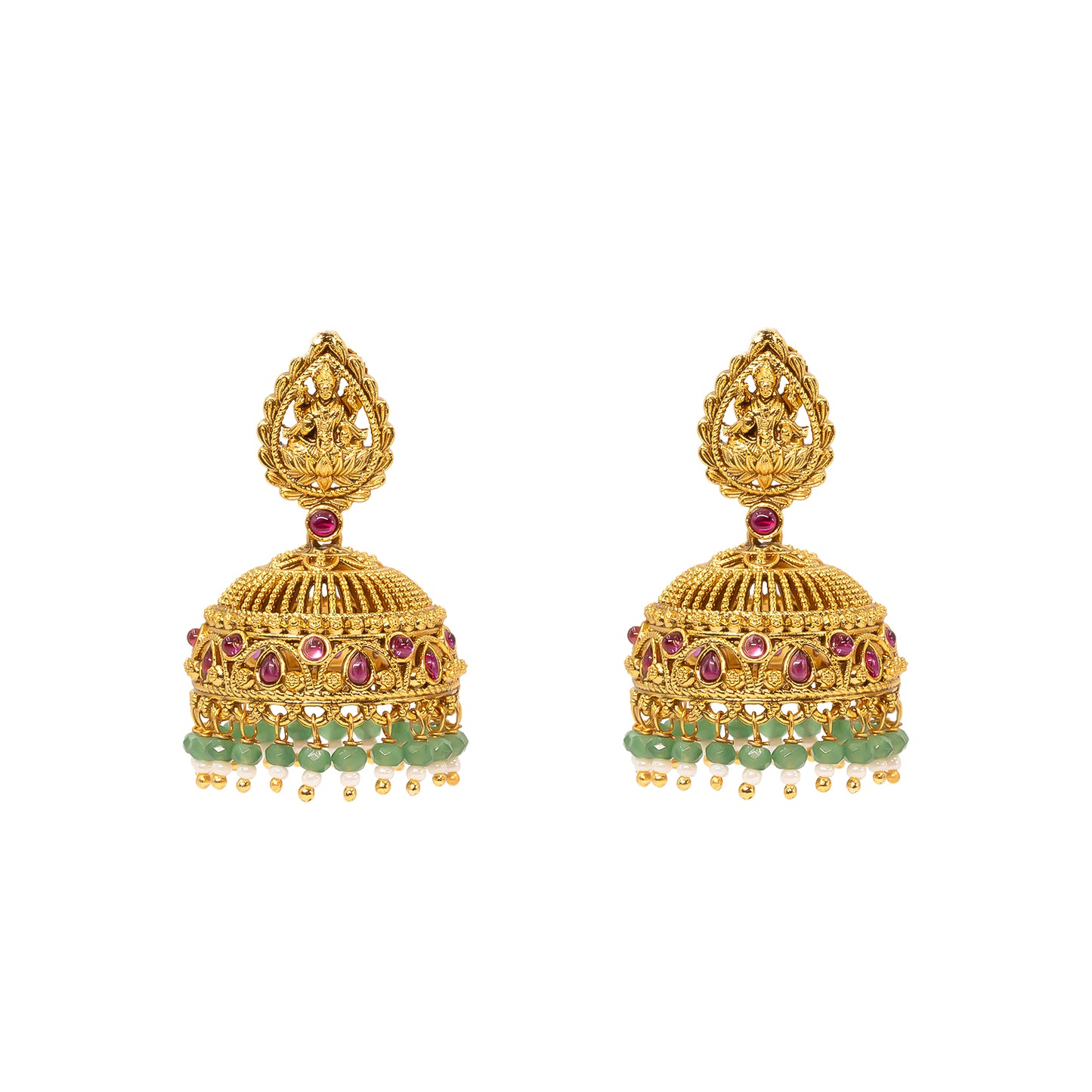 Antique Temple Jhumkas with Green Beads  R-2229