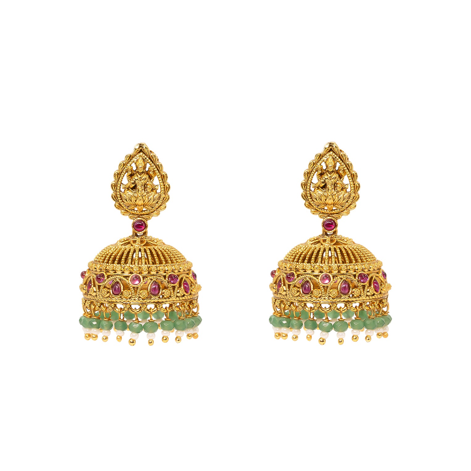 Antique Temple Jhumkas with Green Beads  R-2229