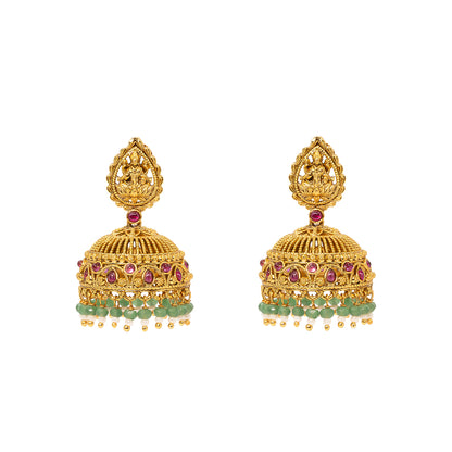 Antique Temple Jhumkas with Green Beads  R-2229