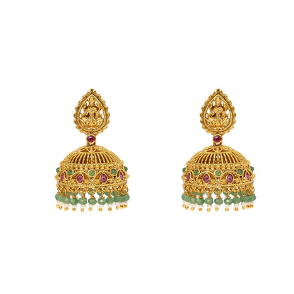 Antique Temple Jhumkas with Green Beads  R-2229