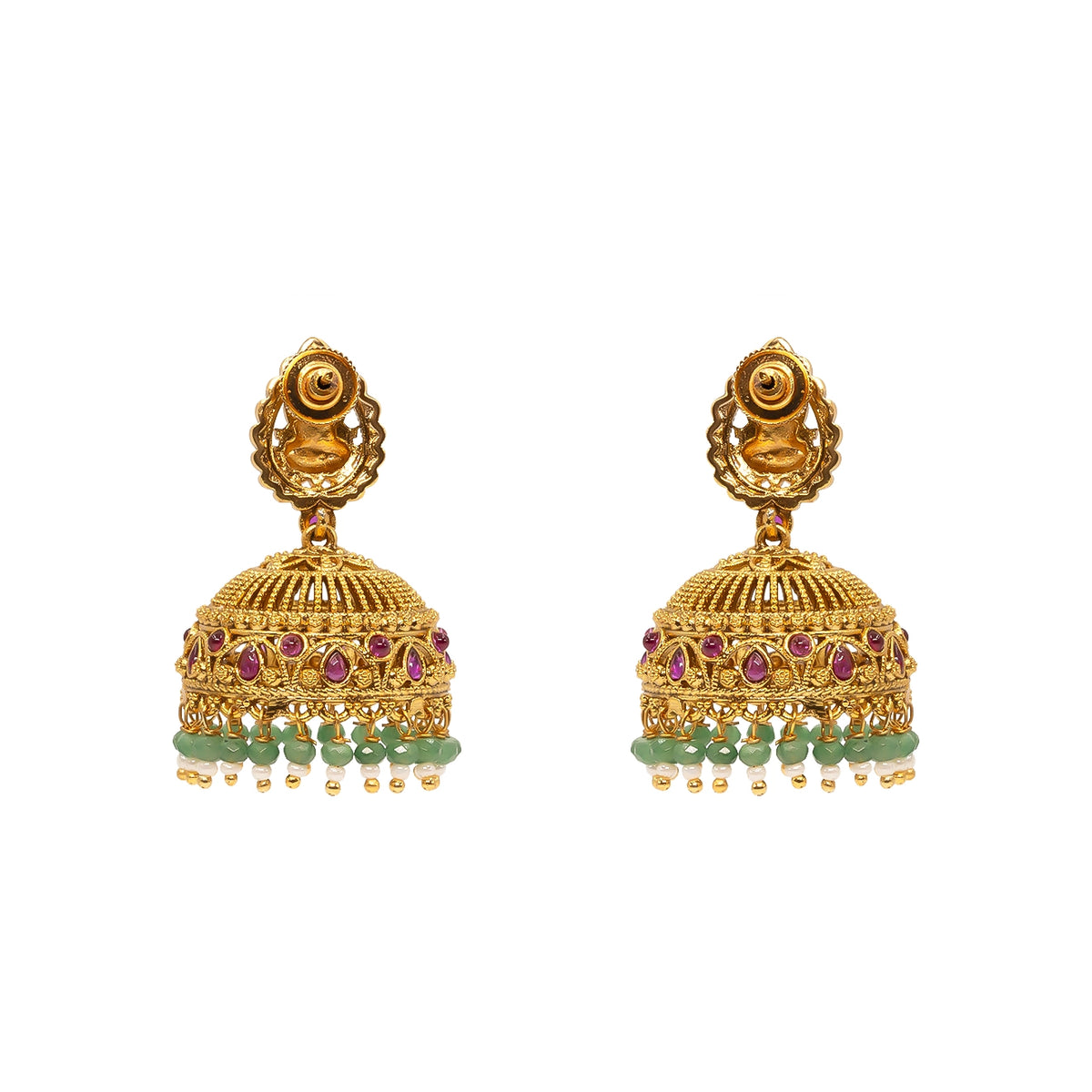 Antique Temple Jhumkas with Green Beads  R-2229