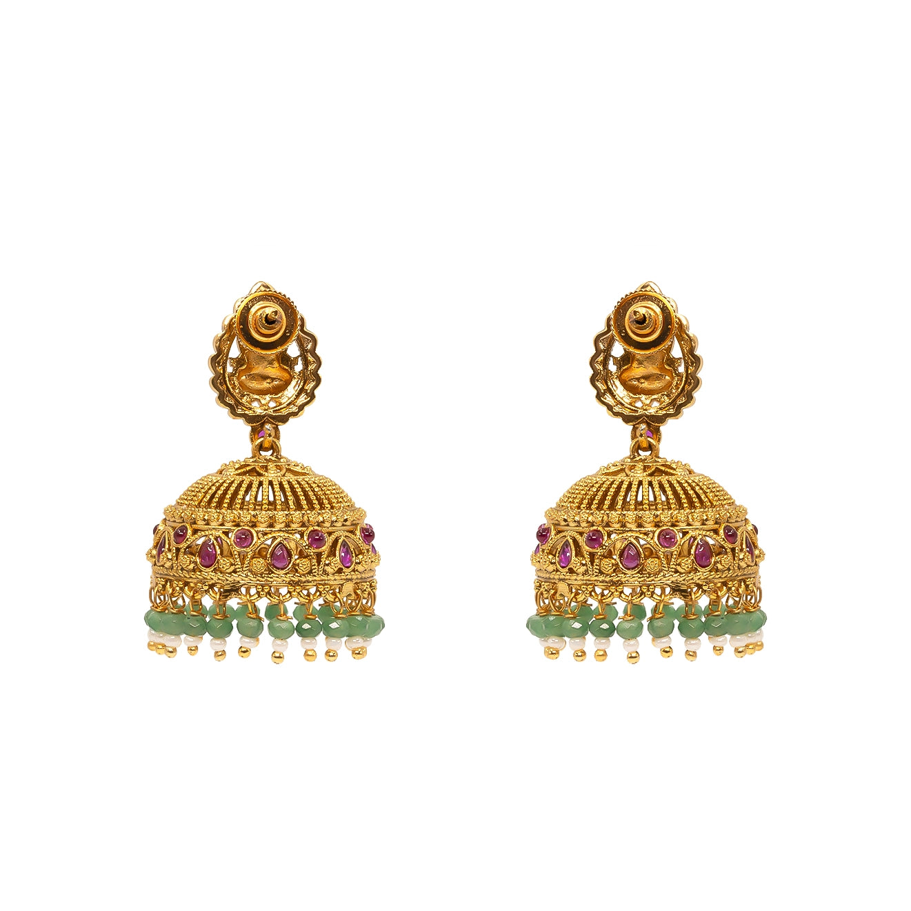 Antique Temple Jhumkas with Green Beads  R-2229