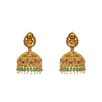 Antique Temple Jhumkas with Green Beads  R-2229