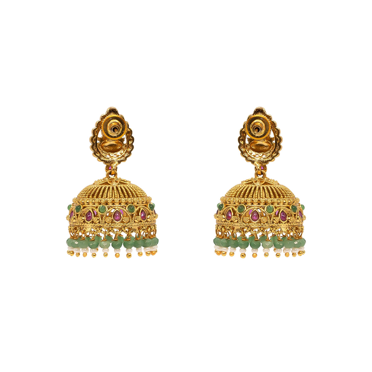 Antique Temple Jhumkas with Green Beads  R-2229