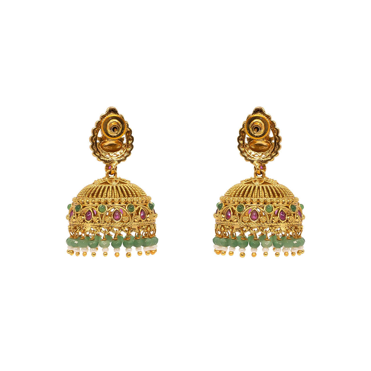 Antique Temple Jhumkas with Green Beads  R-2229