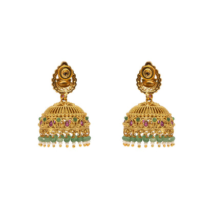 Antique Temple Jhumkas with Green Beads  R-2229