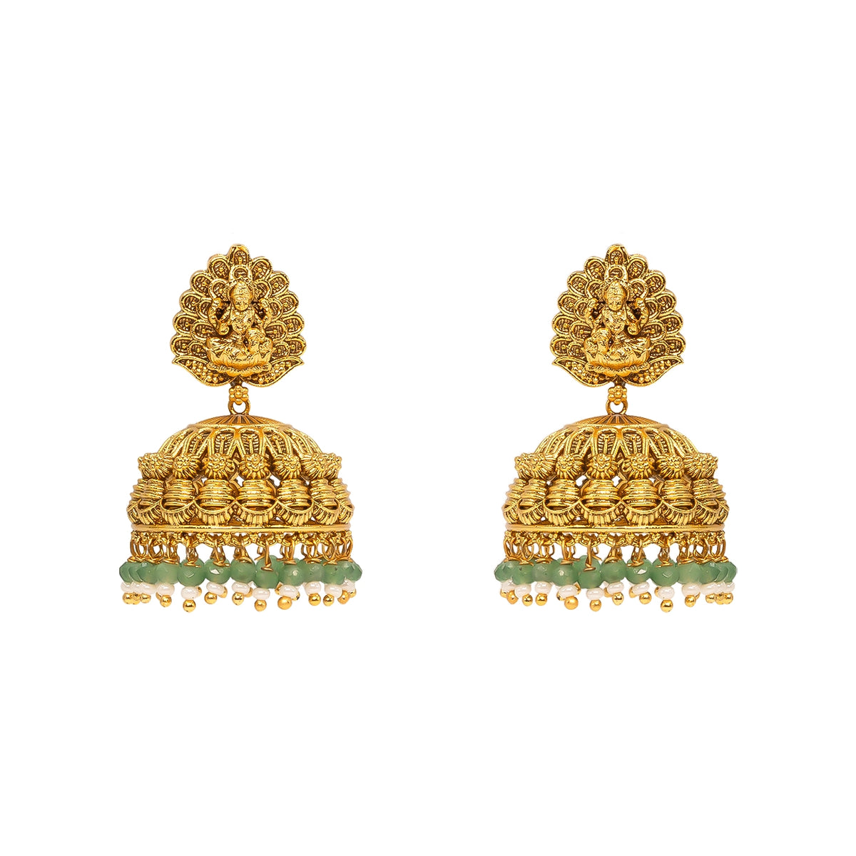 Antique Temple Jhumkas with Green Beads R-2022