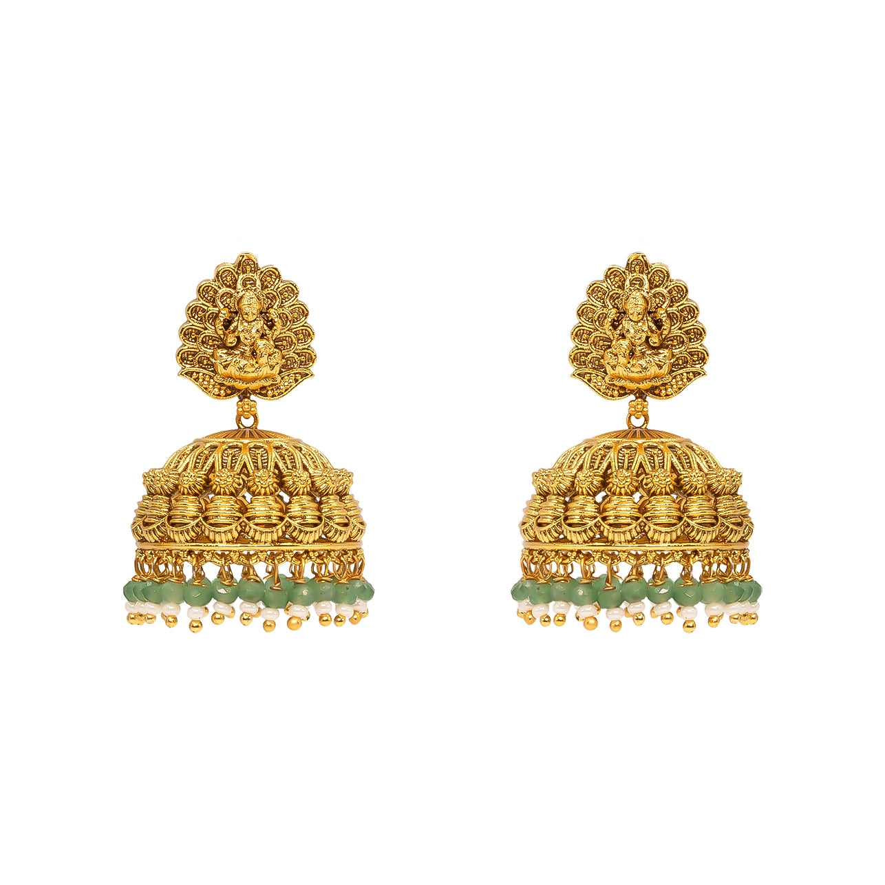 Antique Temple Jhumkas with Green Beads R-2022