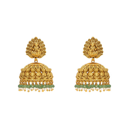 Antique Temple Jhumkas with Green Beads R-2022