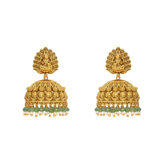 Antique Temple Jhumkas with Green Beads R-2022