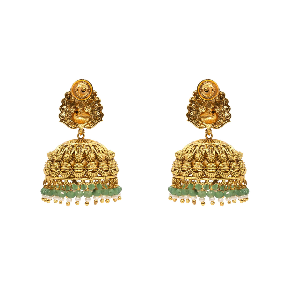 Antique Temple Jhumkas with Green Beads R-2022
