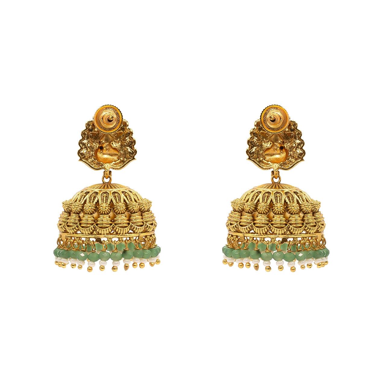 Antique Temple Jhumkas with Green Beads R-2022