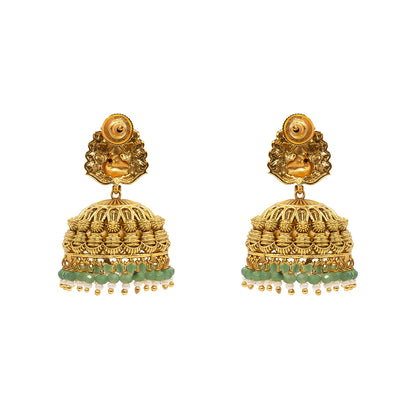 Antique Temple Jhumkas with Green Beads R-2022