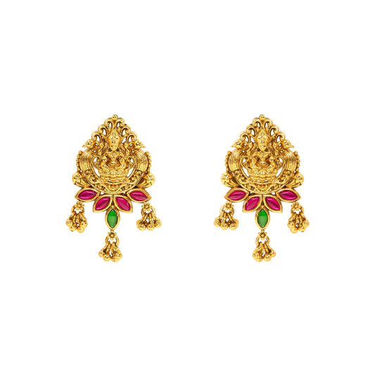 Gold Plated Temple Bali with Laxmi Design & Multicolor Stones