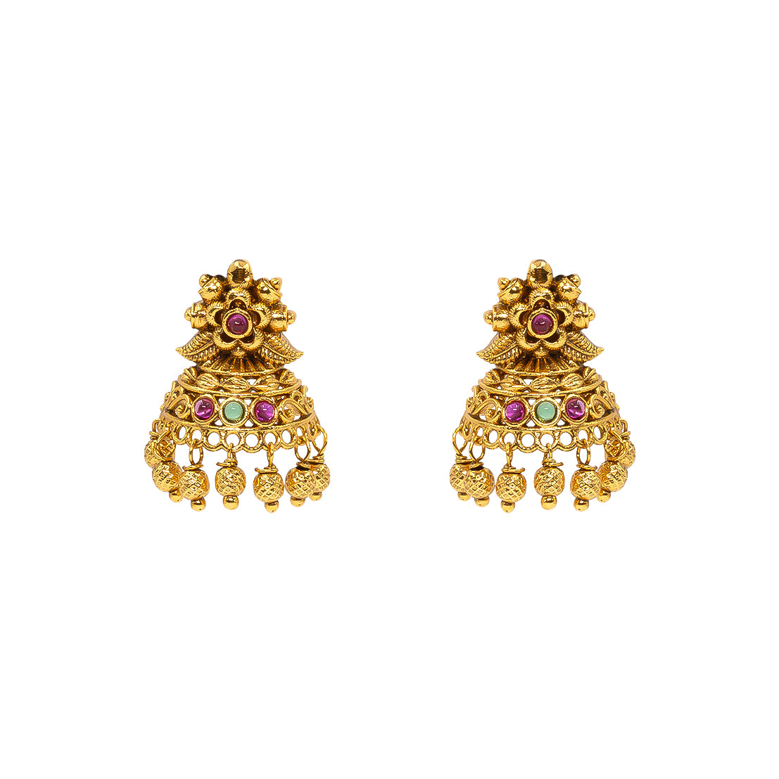 Antique Gold Plated Temple Jhumka with Floral Motif R-2263