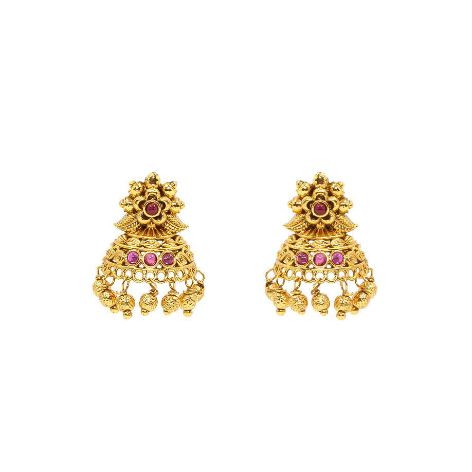 Antique Gold Plated Temple Jhumka with Floral Motif R-2263