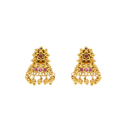 Antique Gold Plated Temple Jhumka with Floral Motif R-2263