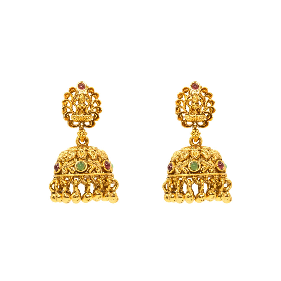 Antique Temple Jhumka Earrings with Pink Stone Accents R-1243