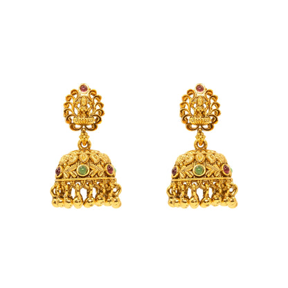 Antique Temple Jhumka Earrings with Pink Stone Accents R-1243