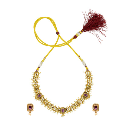 Gold-Plated Temple Necklace – Ruby & Pearl Elegance T-37