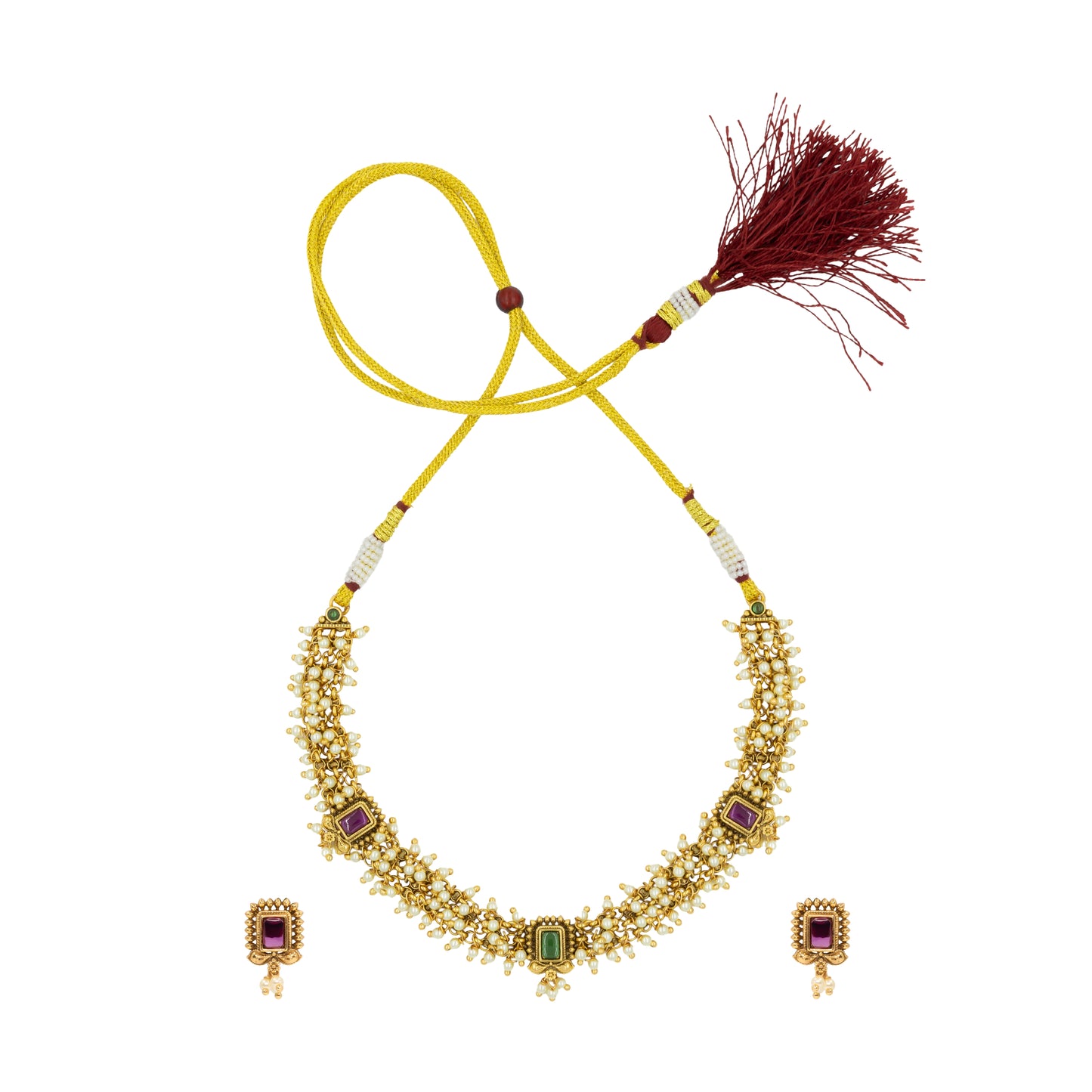 Gold-Plated Temple Necklace – Ruby & Pearl Elegance T-37