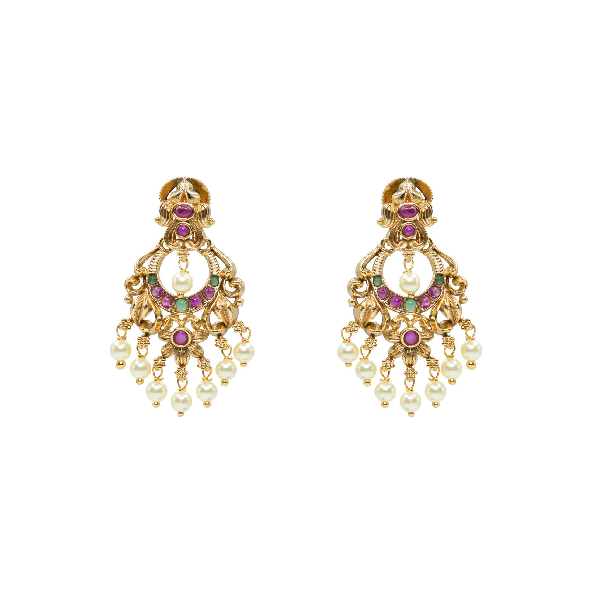Antique Gold-Plated Chandbali with Pearl Drops R-1043