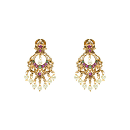 Antique Gold-Plated Chandbali with Pearl Drops R-1043