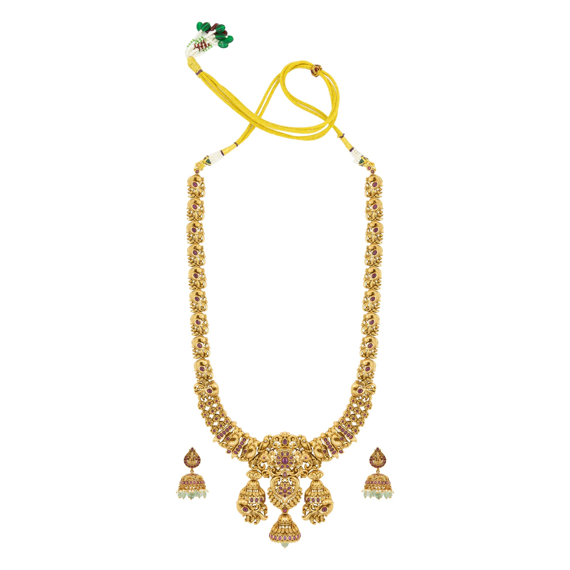 Antique Temple Long Necklace Set with Laxmi Motif & Jhumka Drops