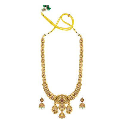 Antique Temple Long Necklace Set with Laxmi Motif & Jhumka Drops