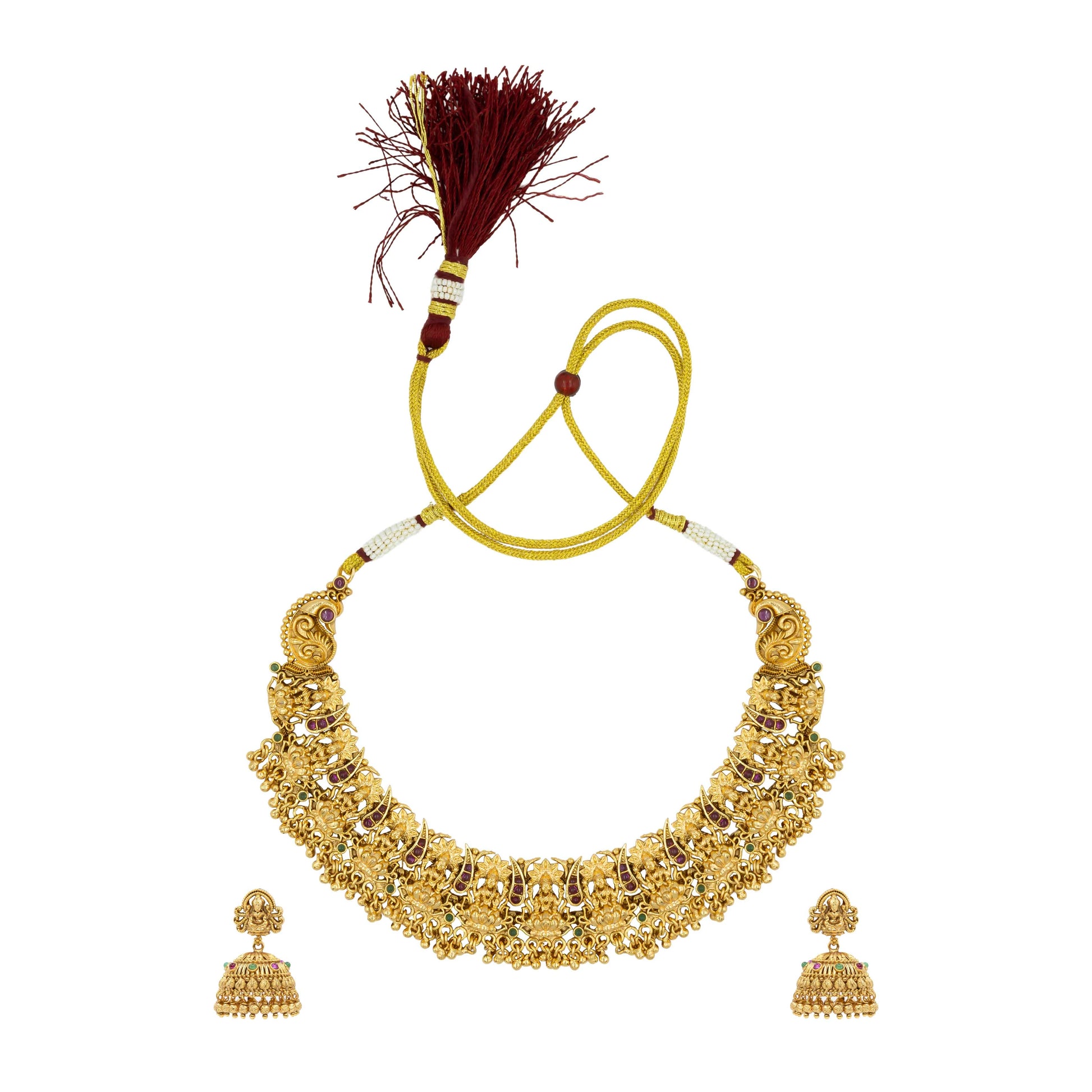 Antique Gold Plated Temple Short Necklace Set with Jhumka 