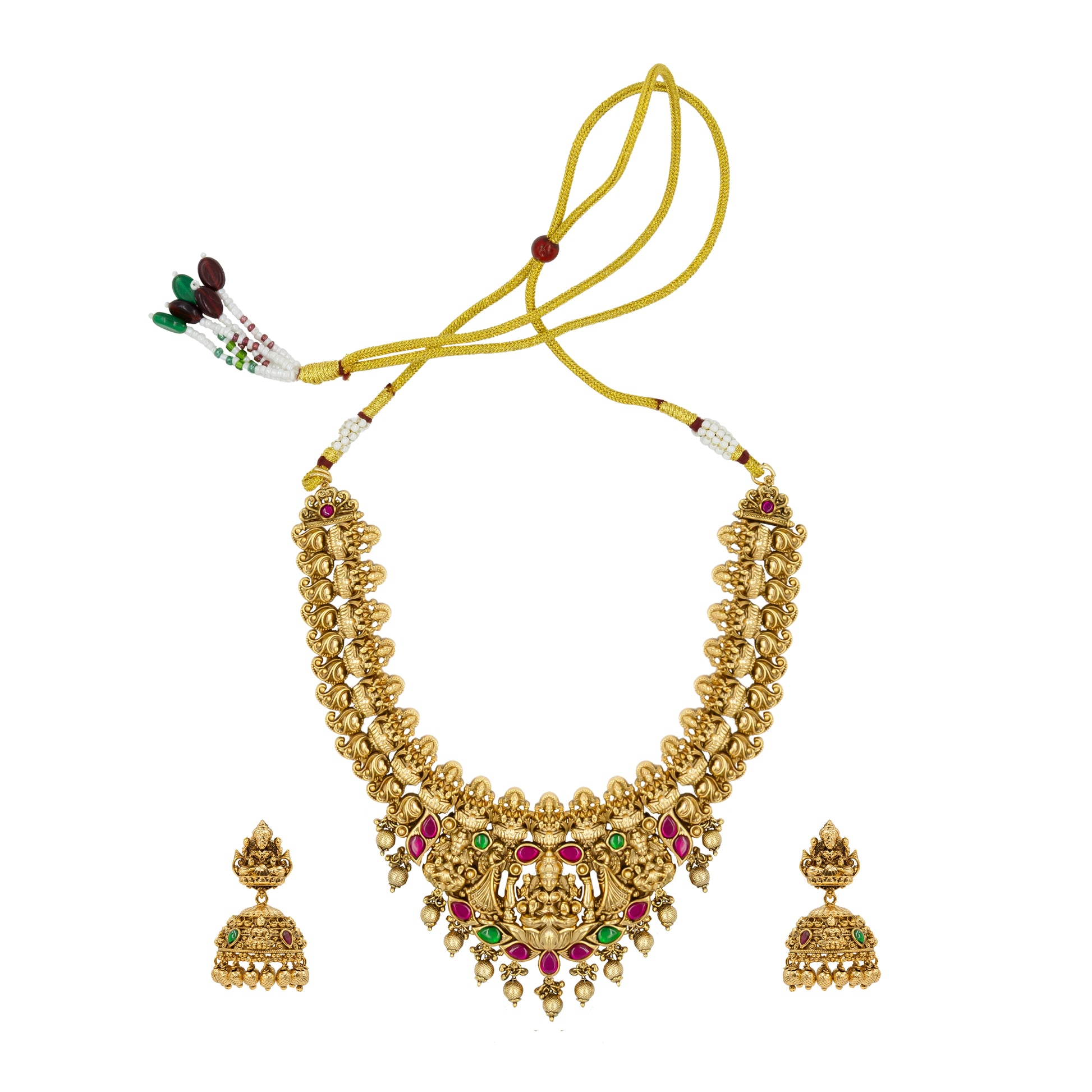 Heritage Ruby-Green Beaded Lakshmi short necklace Set J-150