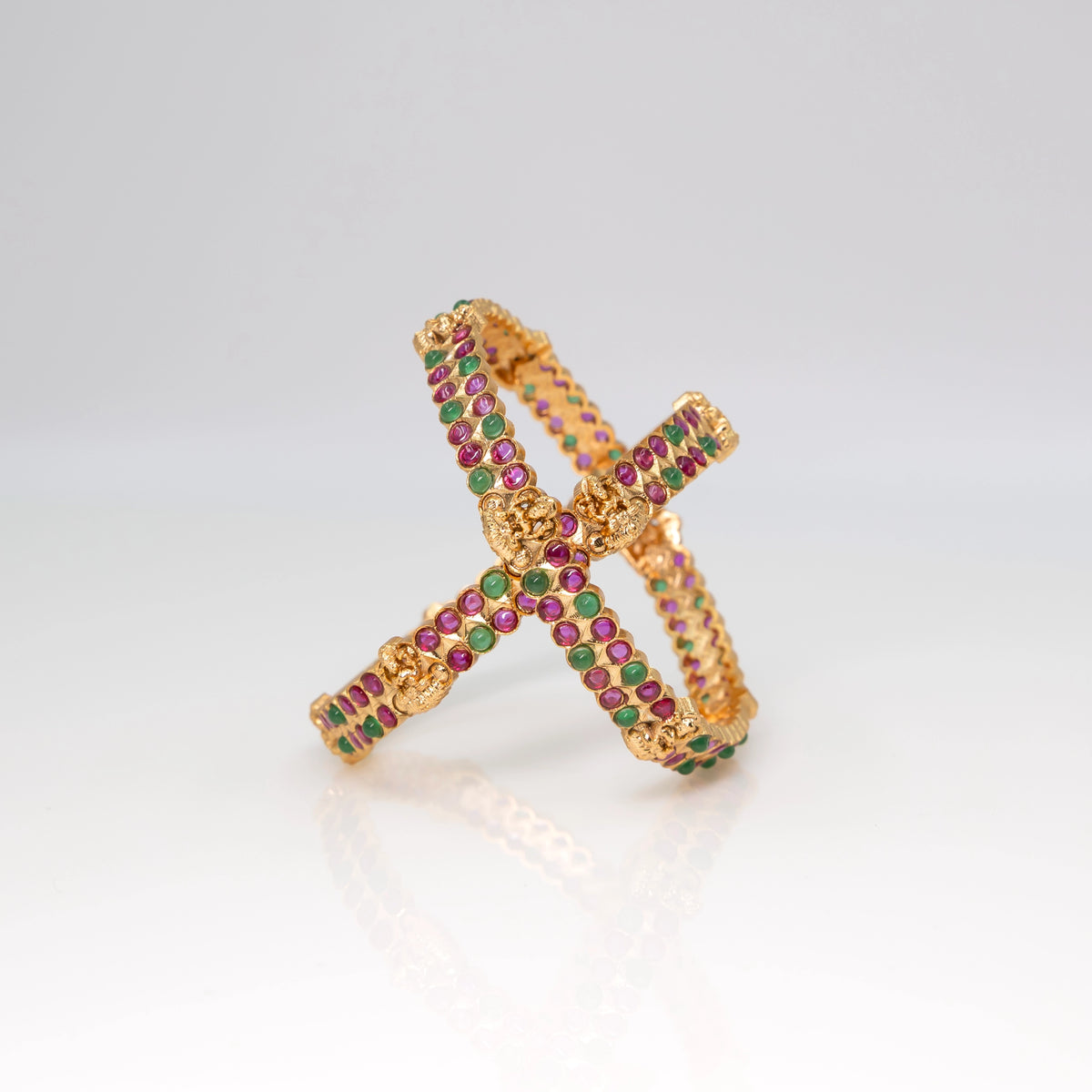 Divine Laxmi Temple Bangles in Gold Finish with Ruby-Green Stones K-995