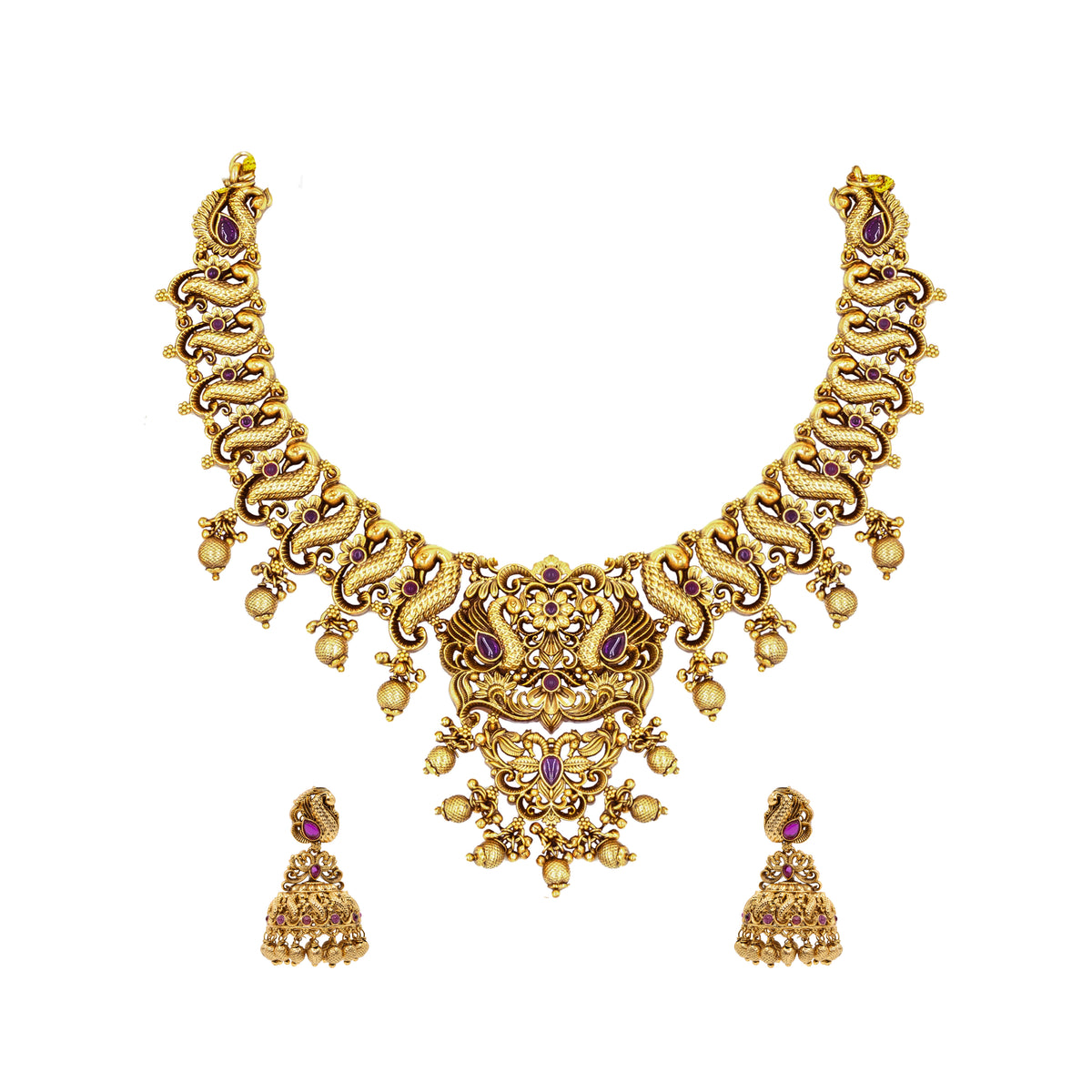 Gold necklace with purple gemstones and matching earrings on a white background