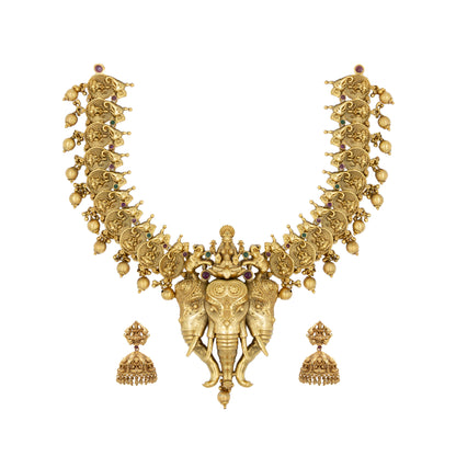 Elephant & Lakshmi Temple Short Necklace Set – Antique Finish K-629