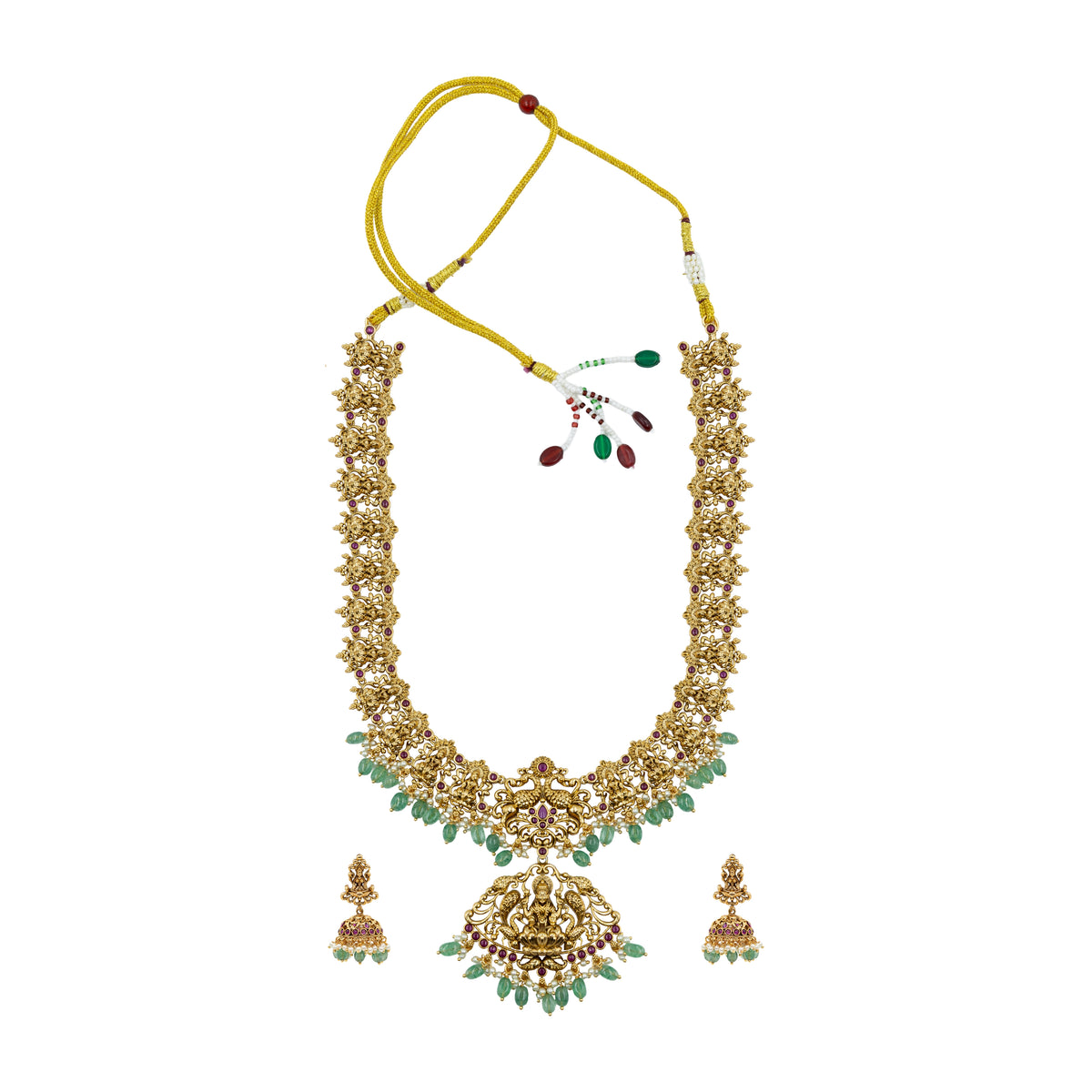 Antique Lakshmi Temple Long Necklace Set with Green Beads L-90