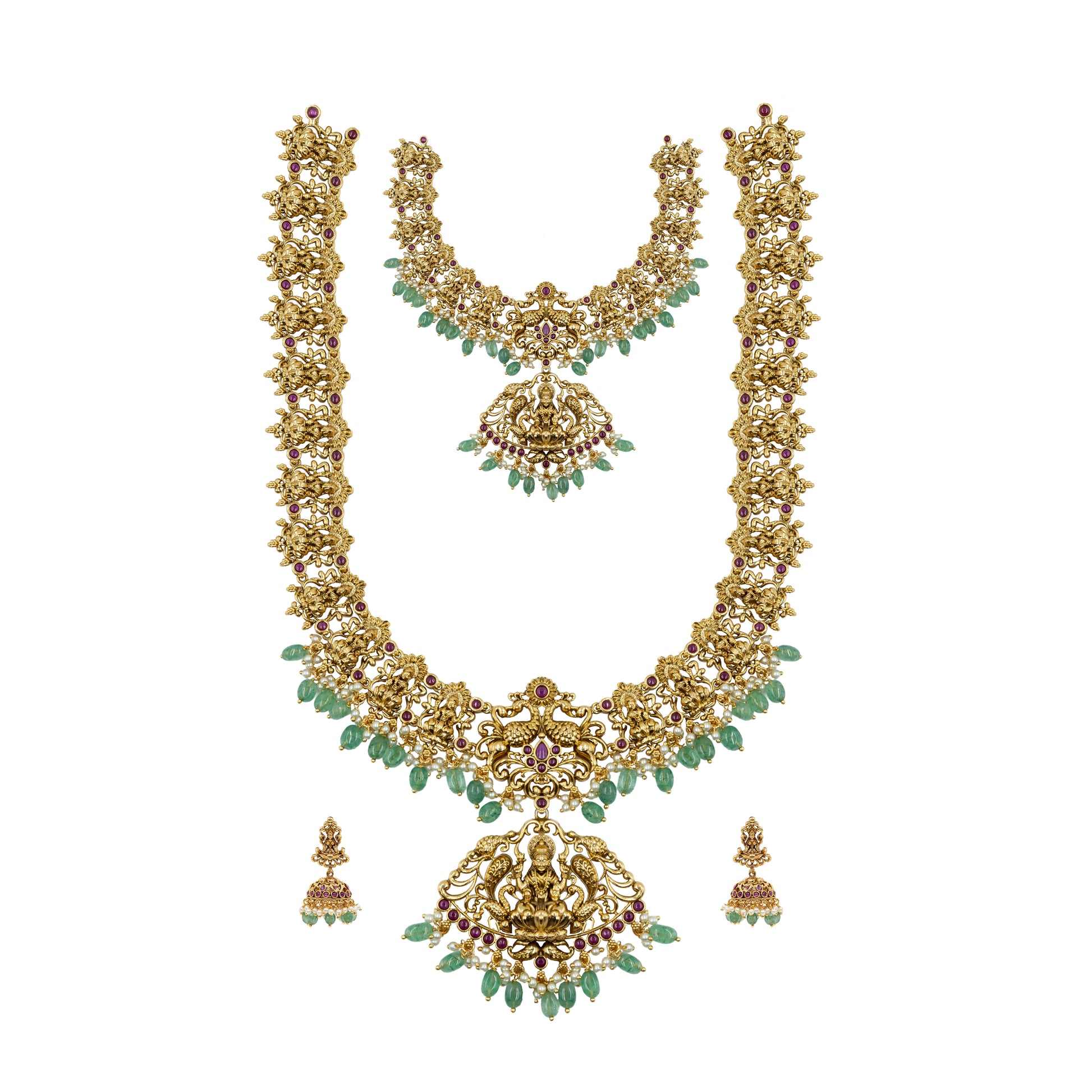 Lakshmi Gold necklace Set ewith green gemstones on a white background