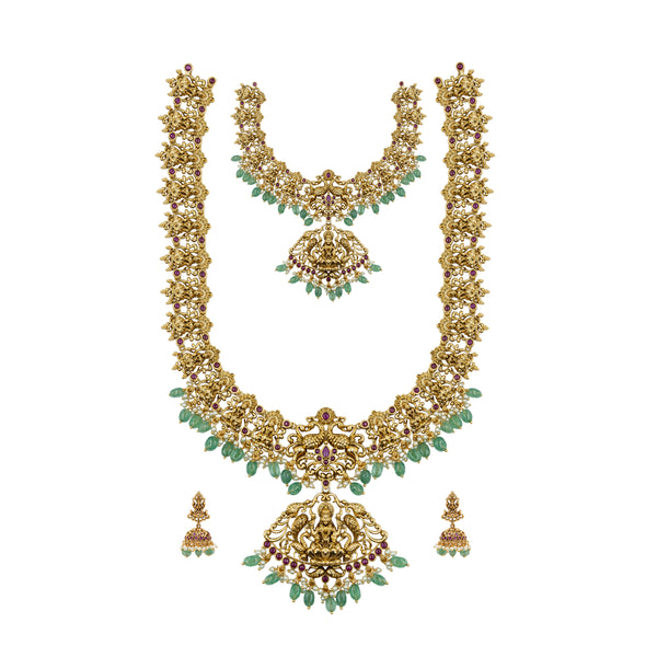 Antique Lakshmi Temple Combo Necklace Set with Green Beads L-90