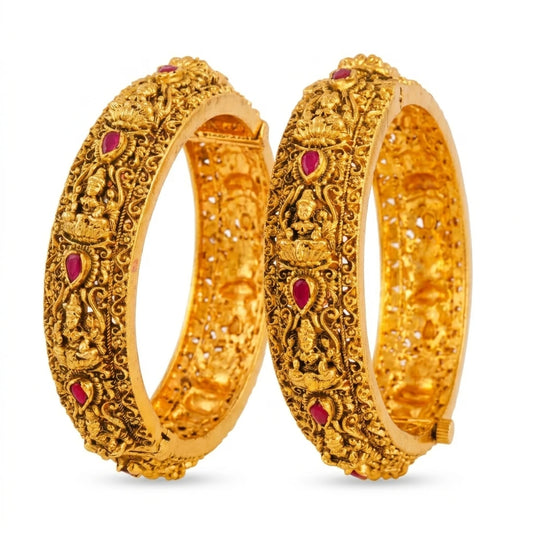 Mrinalika Kangan Kada Bangle | Gold-Plated Lotus Stem Temple Bangle J-273