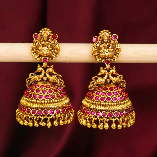 Heritage Ruby Temple Jhumkas – Gold-Plated Lakshmi Drops