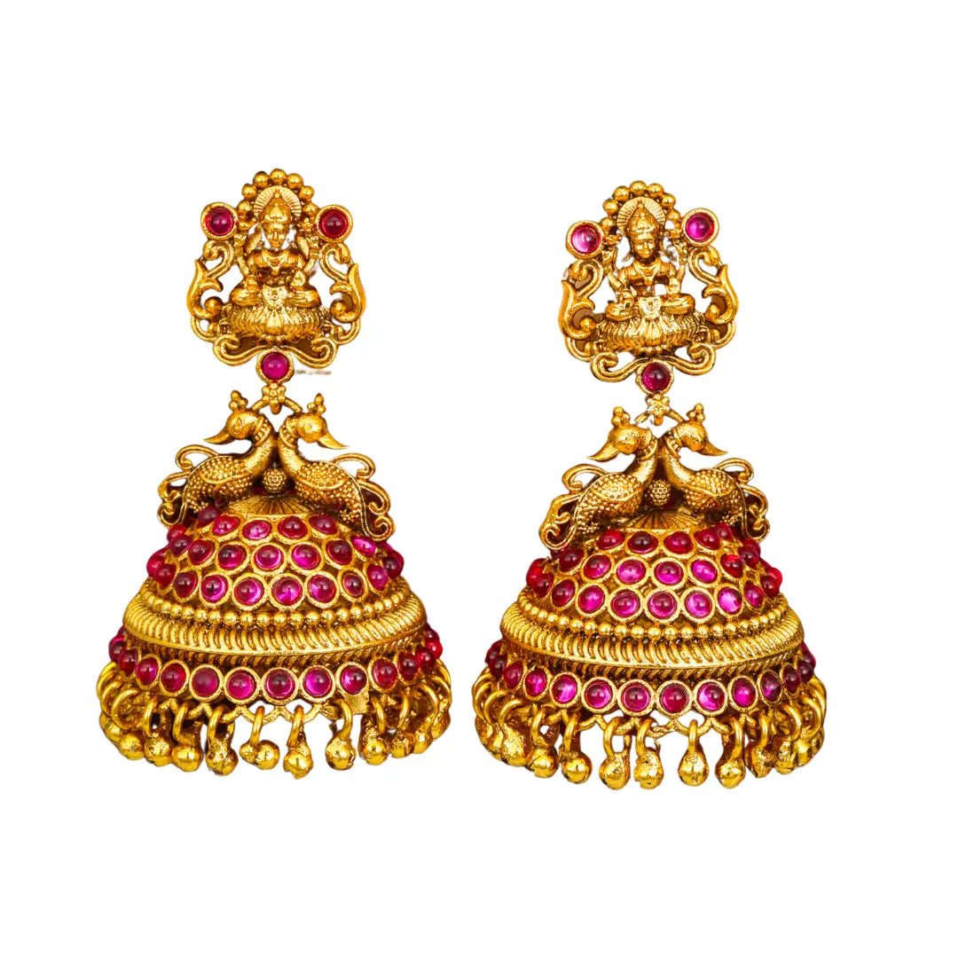 Heritage Ruby Temple Jhumkas – Gold-Plated Lakshmi Drops