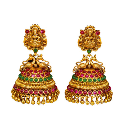 Heritage Ruby Temple Jhumkas – Gold-Plated Lakshmi Drops