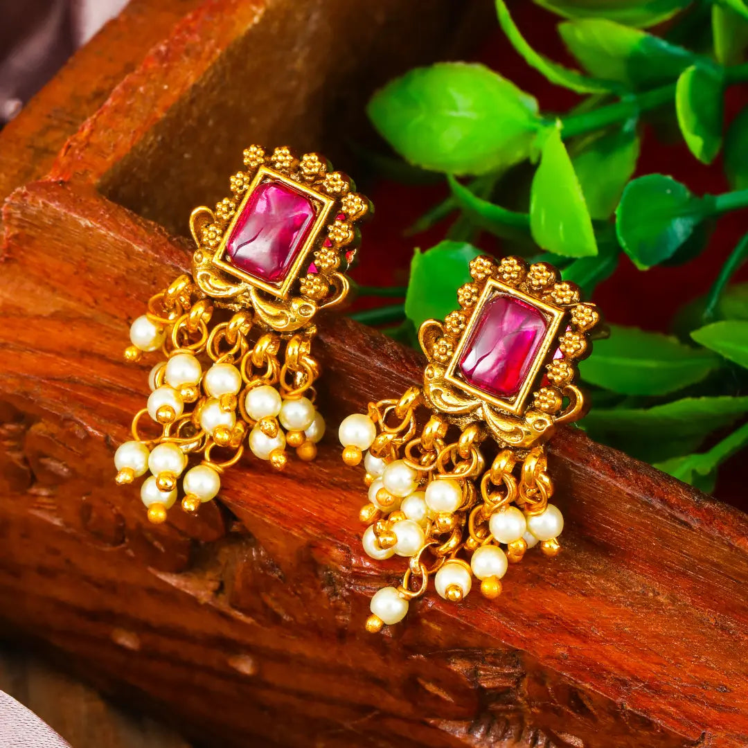Heritage Temple Pearl Bali Earrings – Ruby Emerald Stud Detail R-2161