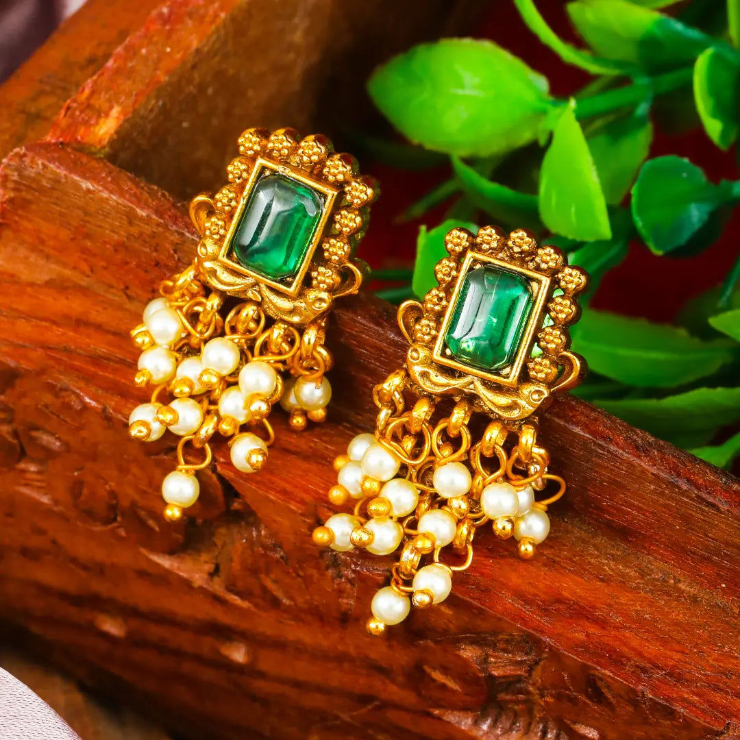 Heritage Temple Pearl Bali Earrings – Ruby Emerald Stud Detail R-2161