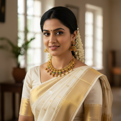 Woman in traditional attire with gold jewelry indoors